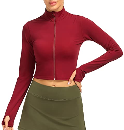 icyzone Damen Sport Langarmshirt Full Reißverschluss Fitness Yoga Crop Top Langarm Sportshirt Laufshirt mit Daumenloch (M, Wine) von icyzone