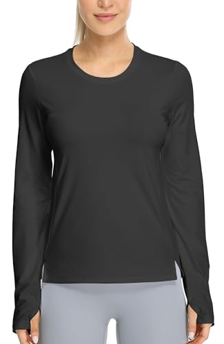 icyzone Damen Sport Langarmshirt Laufshirt Atmungsaktive Fitness Running Shirt Yoga Top mit Daumenloch (Black, L) von icyzone