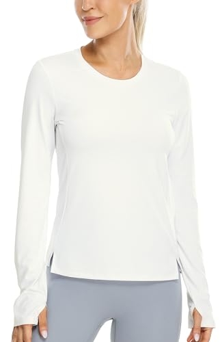 icyzone Damen Sport Langarmshirt Laufshirt Atmungsaktive Fitness Running Shirt Yoga Top mit Daumenloch (Off White, L) von icyzone