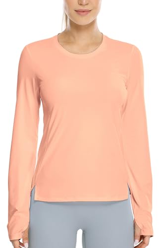 icyzone Damen Sport Langarmshirt Laufshirt Atmungsaktive Fitness Running Shirt Yoga Top mit Daumenloch (Pink, L) von icyzone