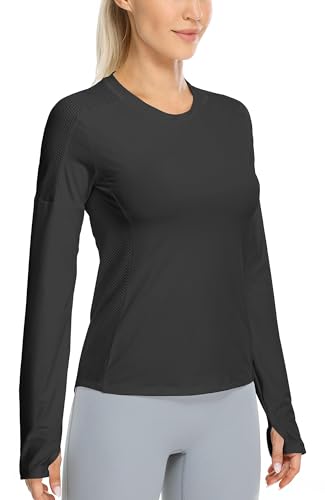 icyzone Damen Sport Langarmshirt Mesh Shirts Langarm Laufshirt Atmungsaktive Gym Yoga Top mit Daumenloch (Black, L) von icyzone