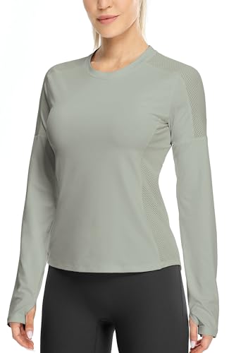 icyzone Damen Sport Langarmshirt Mesh Shirts Langarm Laufshirt Atmungsaktive Gym Yoga Top mit Daumenloch (Grey, XL) von icyzone