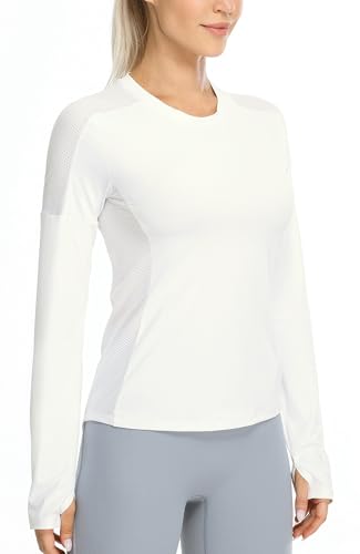 icyzone Damen Sport Langarmshirt Mesh Shirts Langarm Laufshirt Atmungsaktive Gym Yoga Top mit Daumenloch (Off White, L) von icyzone
