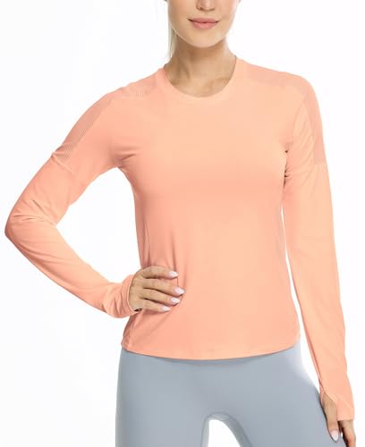 icyzone Damen Sport Langarmshirt Mesh Shirts Langarm Laufshirt Atmungsaktive Gym Yoga Top mit Daumenloch (Pink, M) von icyzone