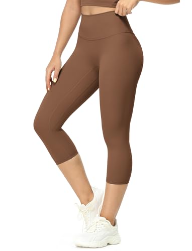 icyzone Damen Sport Leggings 3/4 Hohe Taille Gym Capri Blickdicht Yogahose Sporthose (Chestnut Brown, XL) von icyzone