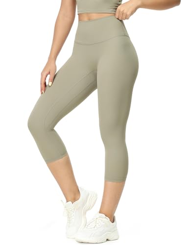 icyzone Damen Sport Leggings 3/4 Hohe Taille Gym Capri Blickdicht Yogahose Sporthose (Earth Gray, XL) von icyzone