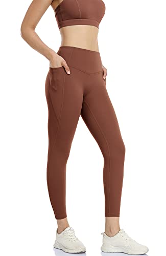 icyzone Damen Sport Leggings 7/8 Hohe Taille Yoga Sport Hose Gym Fitness Leggins mit Tasche (L, Copper Brown) von icyzone