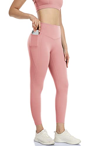 icyzone Damen Sport Leggings 7/8 Hohe Taille Yoga Sport Hose Gym Fitness Leggins mit Tasche (L, Pale Pink) von icyzone