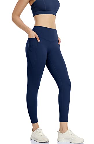 icyzone Damen Sport Leggings 7/8 Hohe Taille Yoga Sport Hose Gym Fitness Leggins mit Tasche (L, True Navy) von icyzone