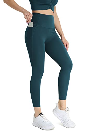 icyzone Damen Sport Leggings 7/8 Hohe Taille Yoga Tights Sport Hose Jogginghose mit Tasche (L, Peacock Green) von icyzone