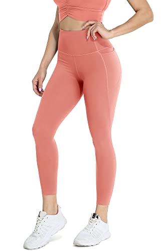 icyzone Damen Sport Leggings 7/8 Hohe Taille Yoga Tights Sport Hose Jogginghose mit Tasche (L, Rustic Coral) von icyzone