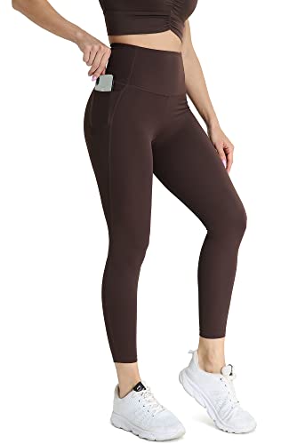 icyzone Damen Sport Leggings 7/8 Hohe Taille Yoga Tights Sport Hose Jogginghose mit Tasche (L, Schokolade) von icyzone