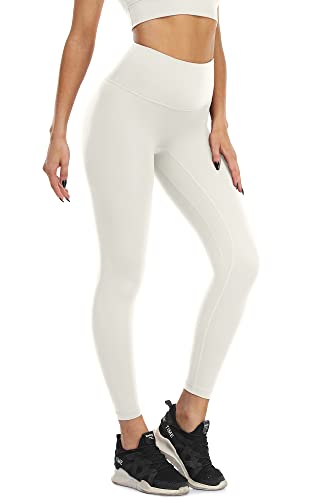 icyzone Damen Sport Leggings Blickdicht 7/8 Sporthose High Waist Yoga Hose Fitness Leggins (L, Cream White) von icyzone