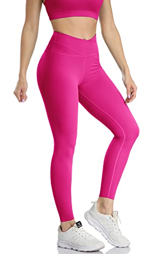 icyzone Damen Sport Leggings Hohe Taille Yoga Sport Hose, 7/8 Fitness Gym Leggins (L, Pitaya) von icyzone