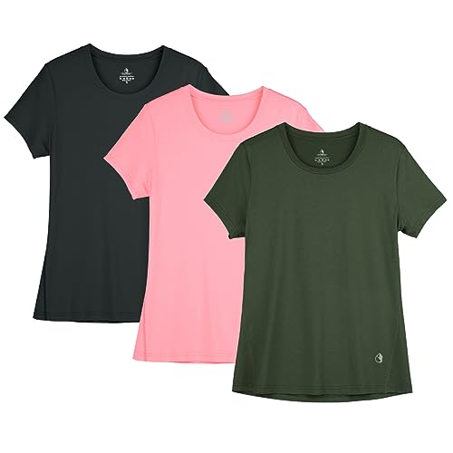 icyzone Damen Sport Shirt Kurzarm Fitness Gym T-Shirt Atmungsaktive Laufshirt Sport Oberteile, 3er Pack (L, Solid Black/Pale Pink/Dark Green) von icyzone
