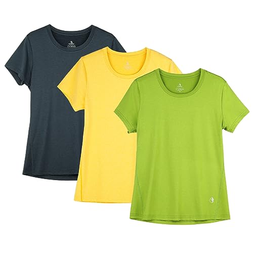 icyzone Damen Sport Shirt Kurzarm Fitness Gym T-Shirt Atmungsaktive Laufshirt Sport Oberteile, 3er Pack (M, Ombre Blue/Spectra Yellow/Green Glow) von icyzone