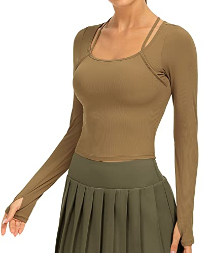 icyzone Damen Sport Shirt Langarm, Yoga Crooped Top mit Integriertem BH, Geripptes Langarmshirts (L, Deep Khaki) von icyzone