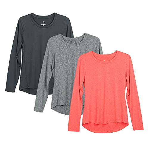 icyzone Damen Sport Shirt Langarm 3er Pack Atmungsaktive Laufshirt Funktionsshirt für Gym Fitness (Black Melange/Charcoal/Coral, L) von icyzone