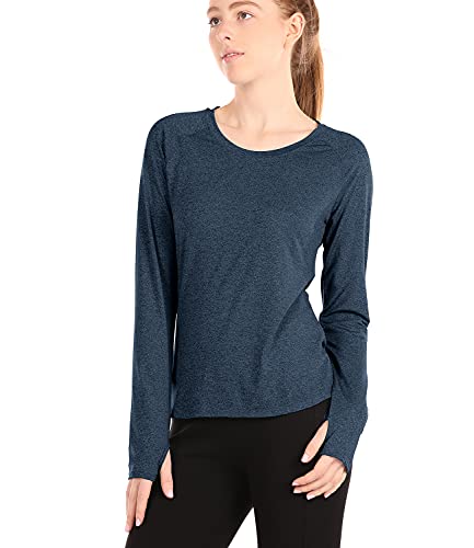 icyzone Damen Laufshirt Langarm Sport Shirt Rückenfrei Fitness Langarmshirt mit Daumenloch (L, Navy Blau) von icyzone