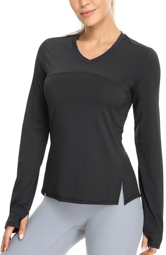 icyzone Damen Sport Shirt Langarm V-Ausschnitt Laufshirt Atmungsaktive Langarmshirt Fitness Yoga Top mit Daumenloch (Black, L) von icyzone