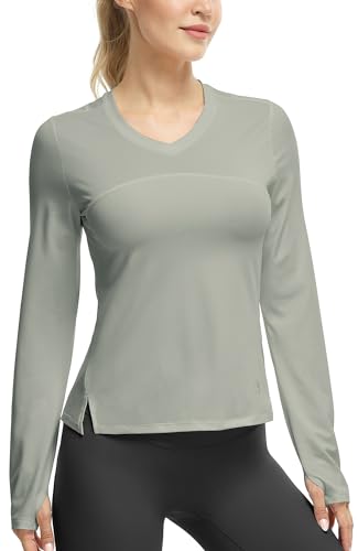 icyzone Damen Sport Shirt Langarm V-Ausschnitt Laufshirt Atmungsaktive Langarmshirt Fitness Yoga Top mit Daumenloch (Grey, M) von icyzone