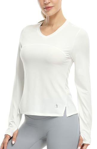 icyzone Damen Sport Shirt Langarm V-Ausschnitt Laufshirt Atmungsaktive Langarmshirt Fitness Yoga Top mit Daumenloch (Off White, L) von icyzone