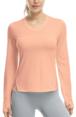 icyzone Damen Sport Shirt Langarm V-Ausschnitt Laufshirt Atmungsaktive Langarmshirt Fitness Yoga Top mit Daumenloch (Pink, M) von icyzone