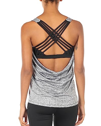 icyzone Damen Sport Tops mit Integriertem BH - 2 in 1 Yoga Gym Shirt Fitness Training Tanktop (M, Grey Melange) von icyzone