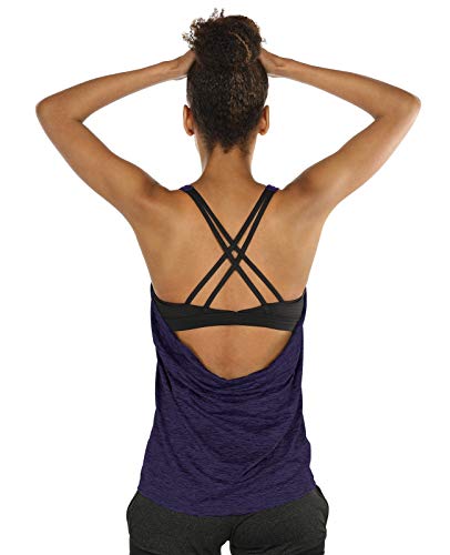 icyzone Damen Sport Yoga Top mit BH - 2 in 1 Fitness Shirt Cross Back Gym Sport Tank Top (M, Purple) von icyzone