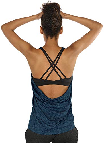 icyzone Damen Sport Yoga Top mit BH - 2 in 1 Fitness Shirt Cross Back Gym Sport Tank Top (S, Royal Blue) von icyzone