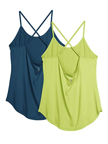 icyzone Damen Sport Shirt Yoga Rückenfrei Träger Top Gym Fitness Oberteile 2er Pack Sport Tank Top (L, Dunkelblau/Zitronen grün) von icyzone