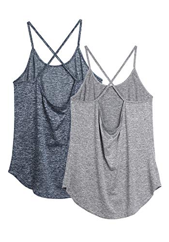 icyzone Damen Sport Shirt Yoga Rückenfrei Träger Top Gym Fitness Oberteile 2er Pack Sport Tank Top (L, Grau/Navy) von icyzone