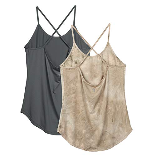 icyzone Damen Sport Shirt Yoga Rückenfrei Träger Top Gym Fitness Oberteile 2er Pack Sport Tank Top (M, Dunkelgrau/Khaki) von icyzone