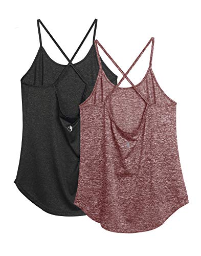 icyzone Damen Sport Shirt Yoga Rückenfrei Träger Top Gym Fitness Oberteile 2er Pack Sport Tank Top (M, Schwarz/Burgundy) von icyzone