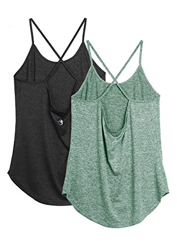 icyzone Damen Sport Shirt Yoga Rückenfrei Träger Top Gym Fitness Oberteile 2er Pack Sport Tank Top (XL, Schwarz/Grün) von icyzone