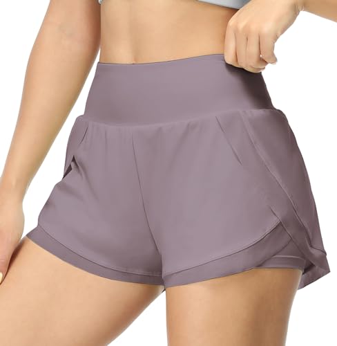 icyzone Damen Sport Shorts 2 in 1 Schnelltrocknende Laufshorts Sommer Fitness Running Shorts (Purple Ash, M) von icyzone