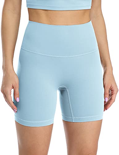 icyzone Damen Sport Shorts High Waist Kurze Sporthose Yogahose Kurze Leggings für Gym, Yoga, Fitness, Jogging (L, Baby Blue) von icyzone