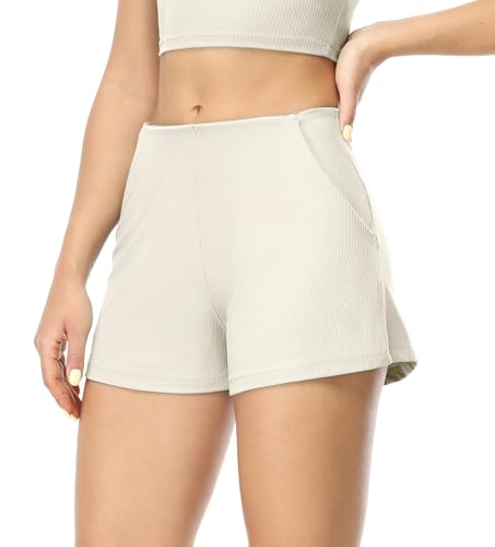 icyzone Damen Sport Shorts Hohe Taille Gerippt Yoga Shorts Laufshorts Stretch Jogging Gym Shorts mit Tasche 2" (Bone, S) von icyzone