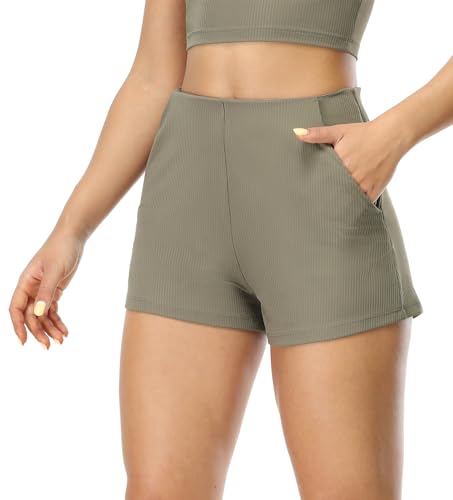 icyzone Damen Sport Shorts Hohe Taille Gerippt Yoga Shorts Laufshorts Stretch Jogging Gym Shorts mit Tasche 2" (Nomad Grey, M) von icyzone