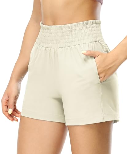 icyzone Damen Sport Shorts Hohe Taille Laufshorts Wandershorts Quick Dry Fitness Jogging Casual Shorts mit Tasche 3.5" (Bone, S) von icyzone