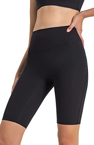 icyzone Damen Sport Shorts Hohe Taille Radlerhose Kurze Leggings Gerippte Biker Yoga Gym Shorts 10" (Black, L) von icyzone