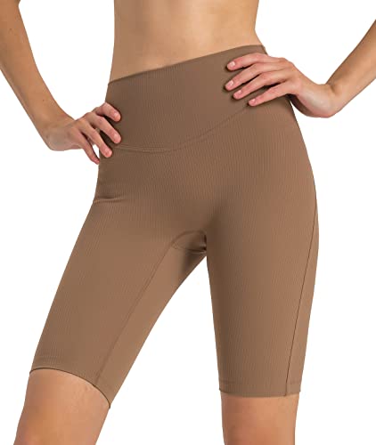 icyzone Damen Sport Shorts Hohe Taille Radlerhose Kurze Leggings Gerippte Biker Yoga Gym Shorts 10" (Brown, L) von icyzone