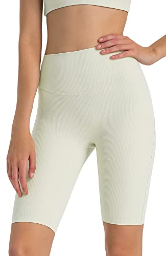 icyzone Damen Sport Shorts Hohe Taille Radlerhose Kurze Leggings Gerippte Biker Yoga Gym Shorts 10" (Cream White, S) von icyzone