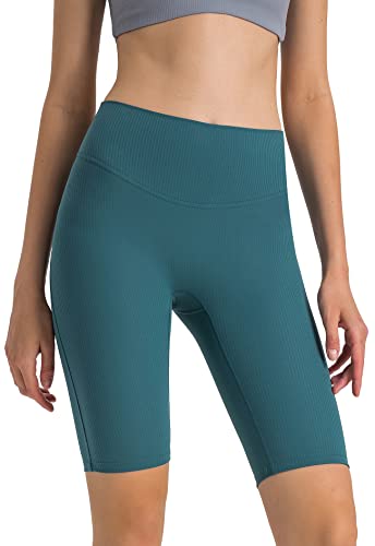 icyzone Damen Sport Shorts Hohe Taille Radlerhose Kurze Leggings Gerippte Biker Yoga Gym Shorts 10" (Green Jasper, L) von icyzone