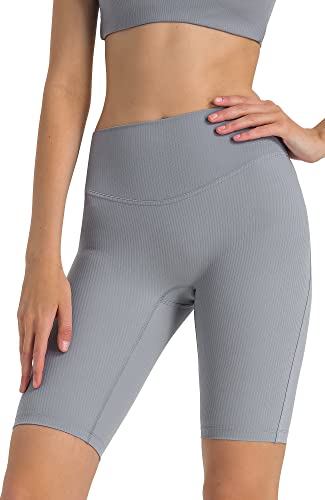 icyzone Damen Sport Shorts Hohe Taille Radlerhose Kurze Leggings Gerippte Biker Yoga Gym Shorts 10" (Grey, L) von icyzone