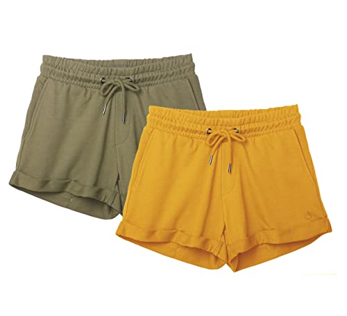 icyzone Damen Sport Shorts Kurze Sporthose Jogginghose Atmungsaktiv Laufshorts Gym Fitness Shorts 2er Pack (L, Olive/Mellow Yellow) von icyzone