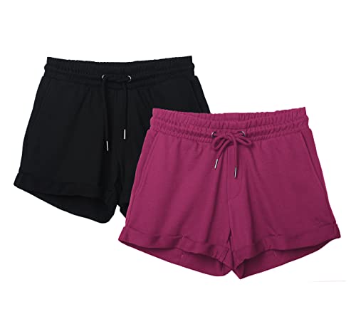 icyzone Damen Sport Shorts Kurze Sporthose Jogginghose Atmungsaktiv Laufshorts Gym Fitness Shorts 2er Pack (M, Black/Magenta) von icyzone