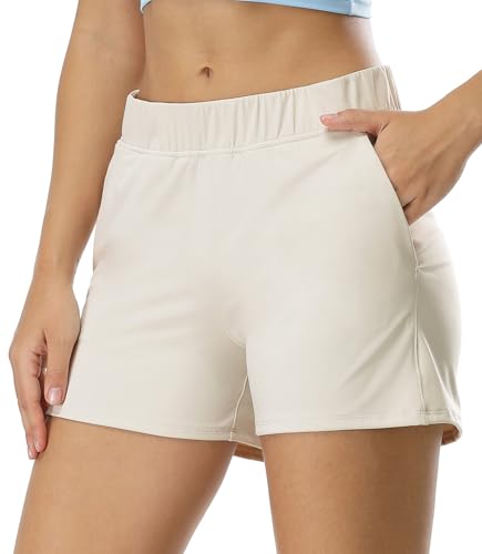 icyzone Damen Sport Shorts Schnelltrocknend Sommer Running Gym Shorts Kurz Sporthose Hohe Taille Laufshorts mit Tasche 3.5" (Bone, L) von icyzone
