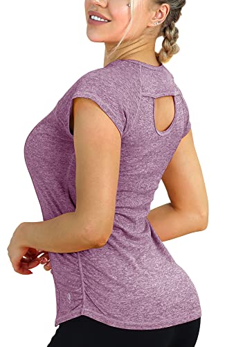 icyzone Damen Sport T-Shirt Kurzarm Laufshirt Rückenfrei Fitness Oberteile Gym Yoga Top (L, Lavender) von icyzone