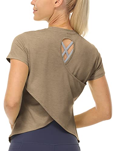 icyzone Damen Sport T-Shirt Kurzarm Yoga Top Leichte Fitness Shirt Sommer Lässig Oberteile (Beige, XL) von icyzone